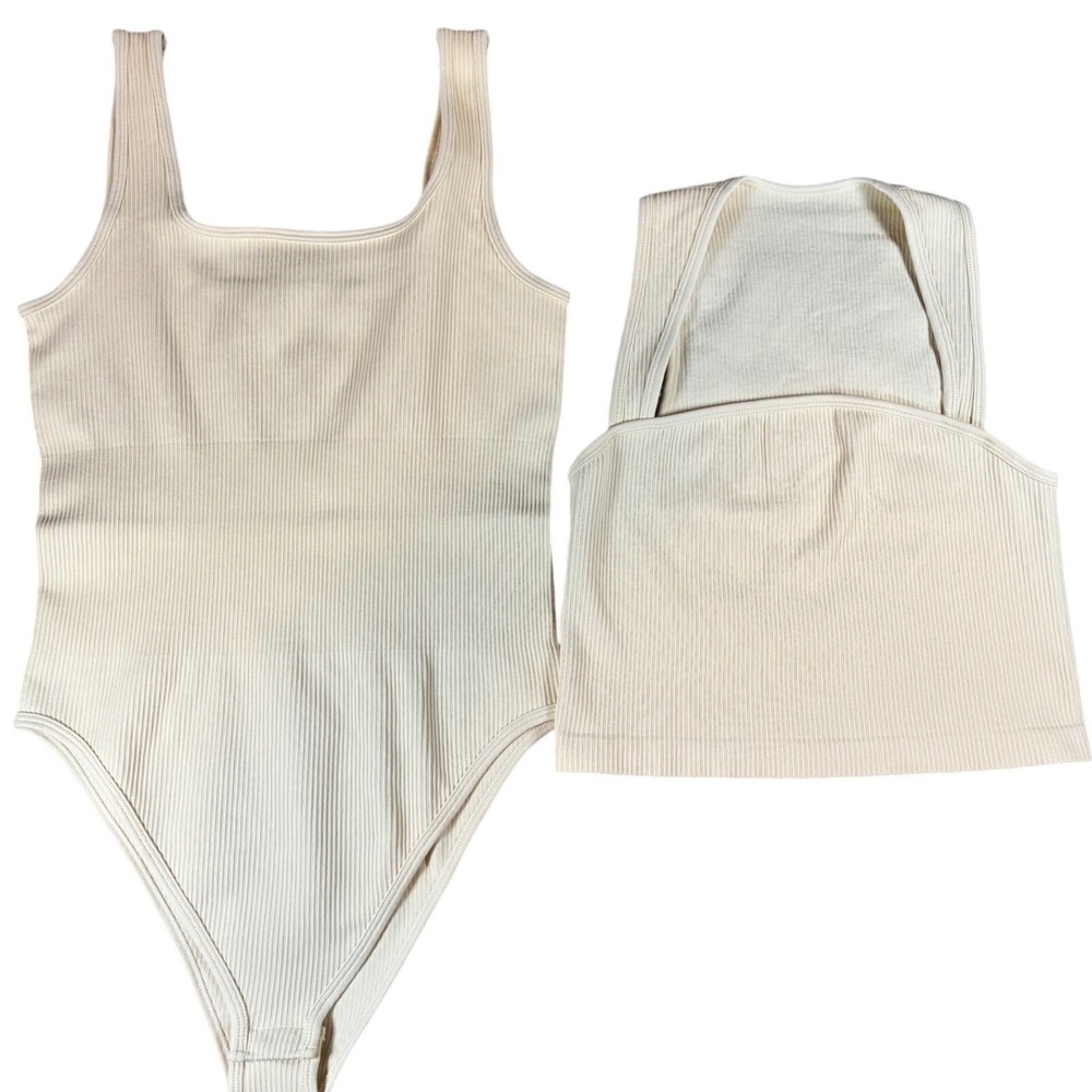 NWOT‎ OQQ Set Ribbed Bodysuit and Tank Top Set Cream/Off White Size M